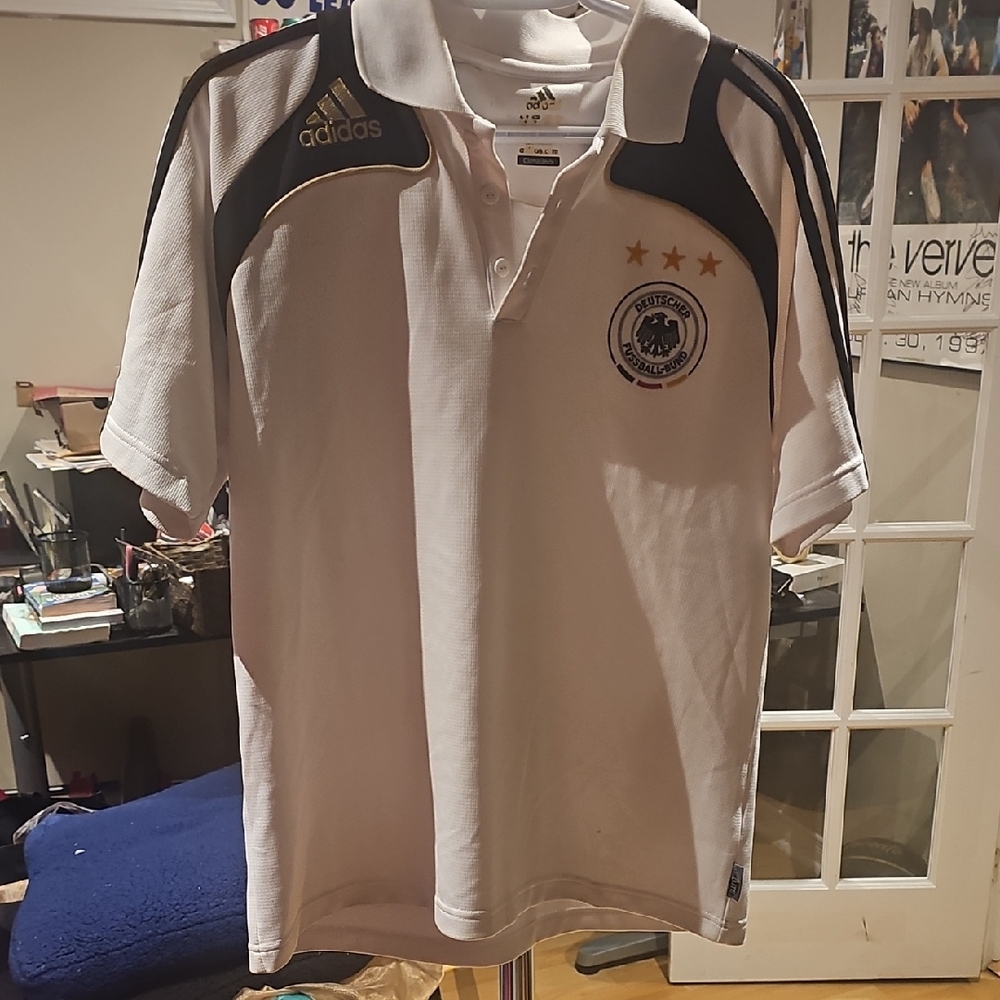 adidas White and Black Germany Football Polo with Gold Accents